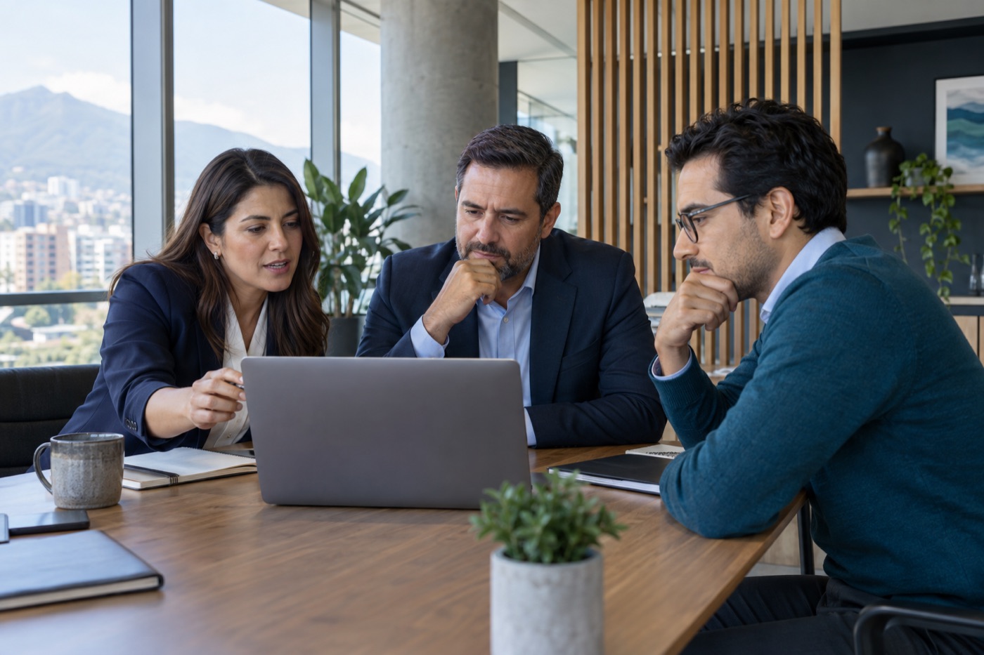 Tres personas de un equipo comercial analizan información juntas en una reunión.